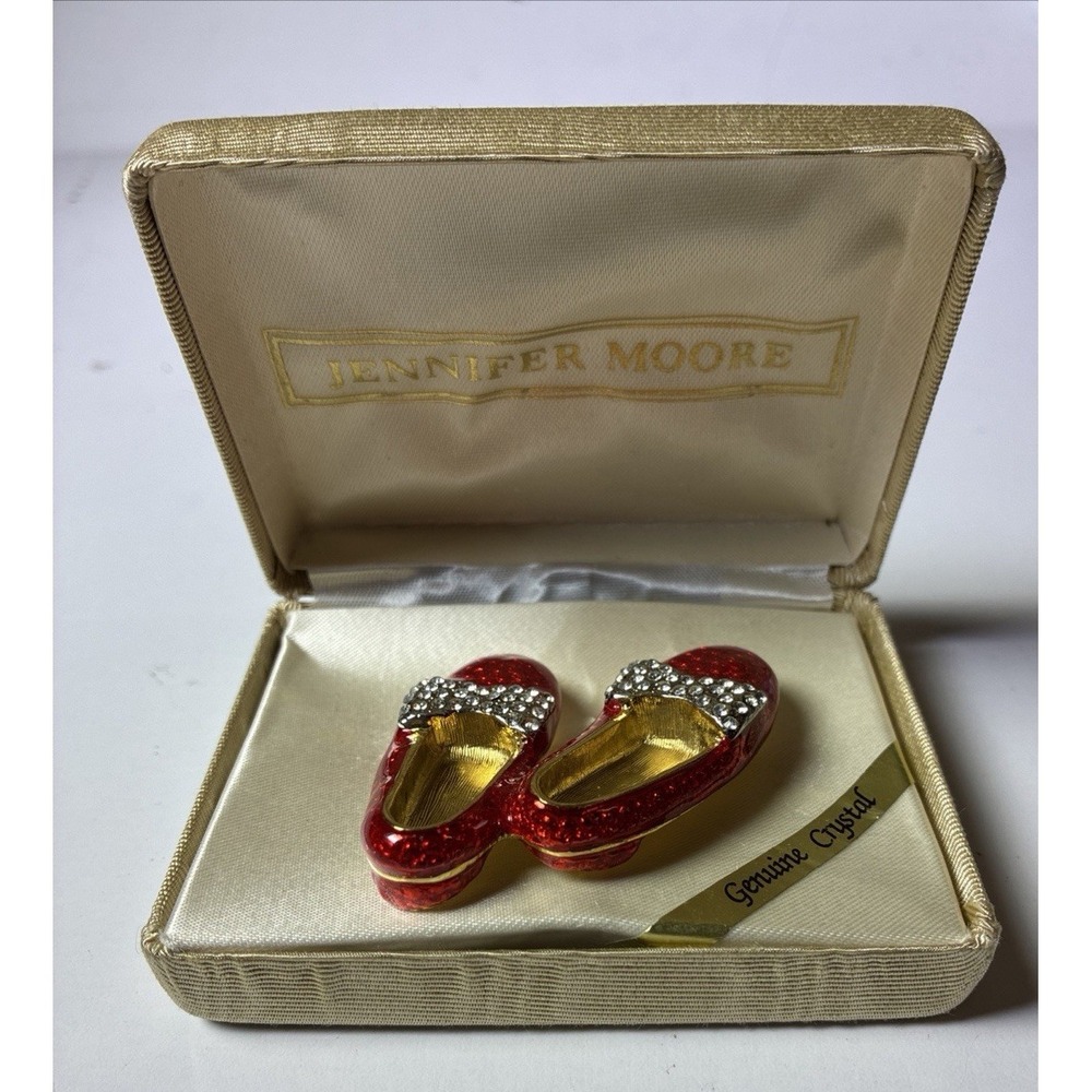 Jennifer Moore Ruby Red Enameled Slippers w/ Crystals Brooch Pin w/Case (18J)